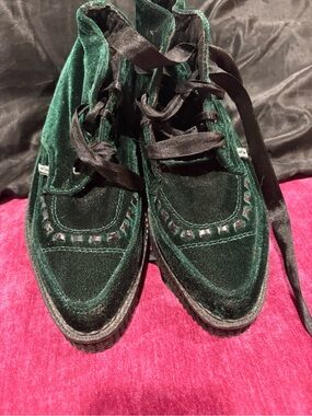 T.U.K Dark Green Velvet Lace-Up Platform Boots